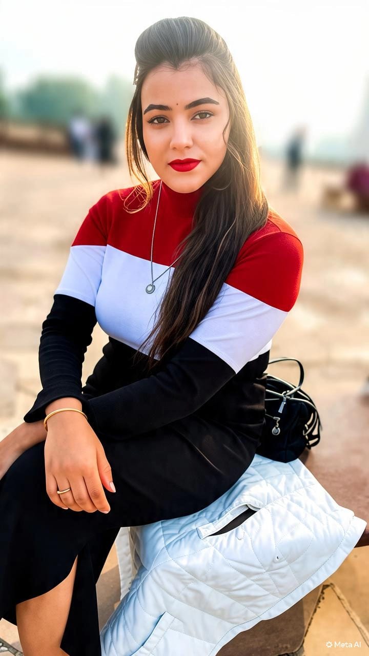 Portrait of a woman in a red, white, and black outfit outdoors