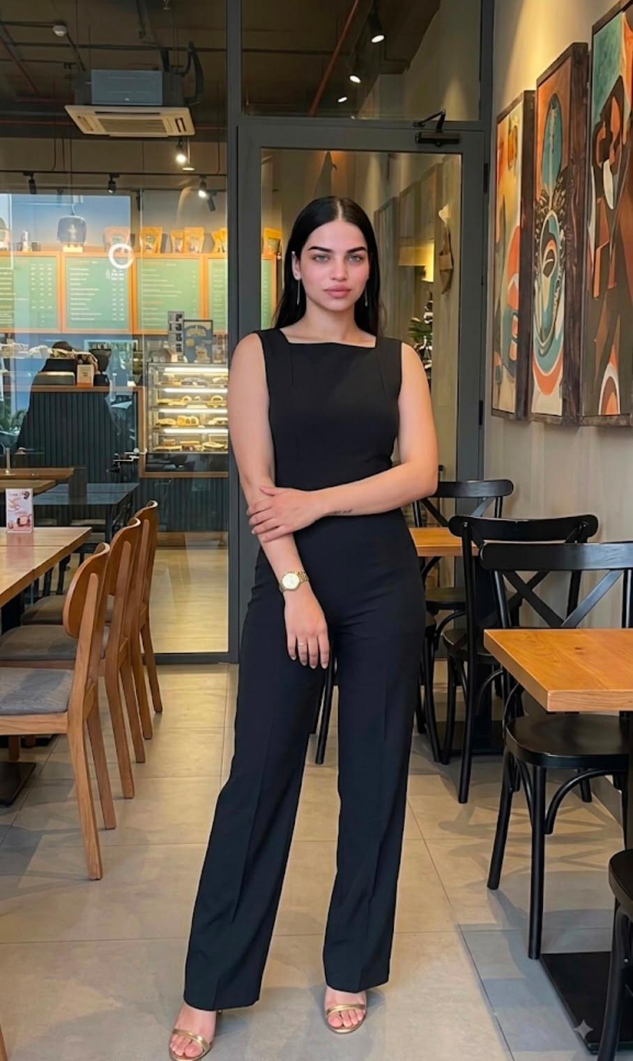 Woman standing in modern cafe setting